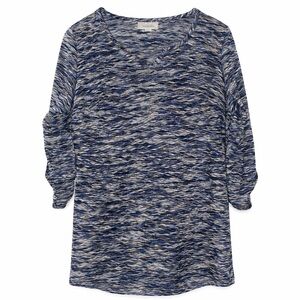 Dressbarn Brushed Dolman Knit Top Navy Space Dye V-Neck Roll Tab Sleeve Large